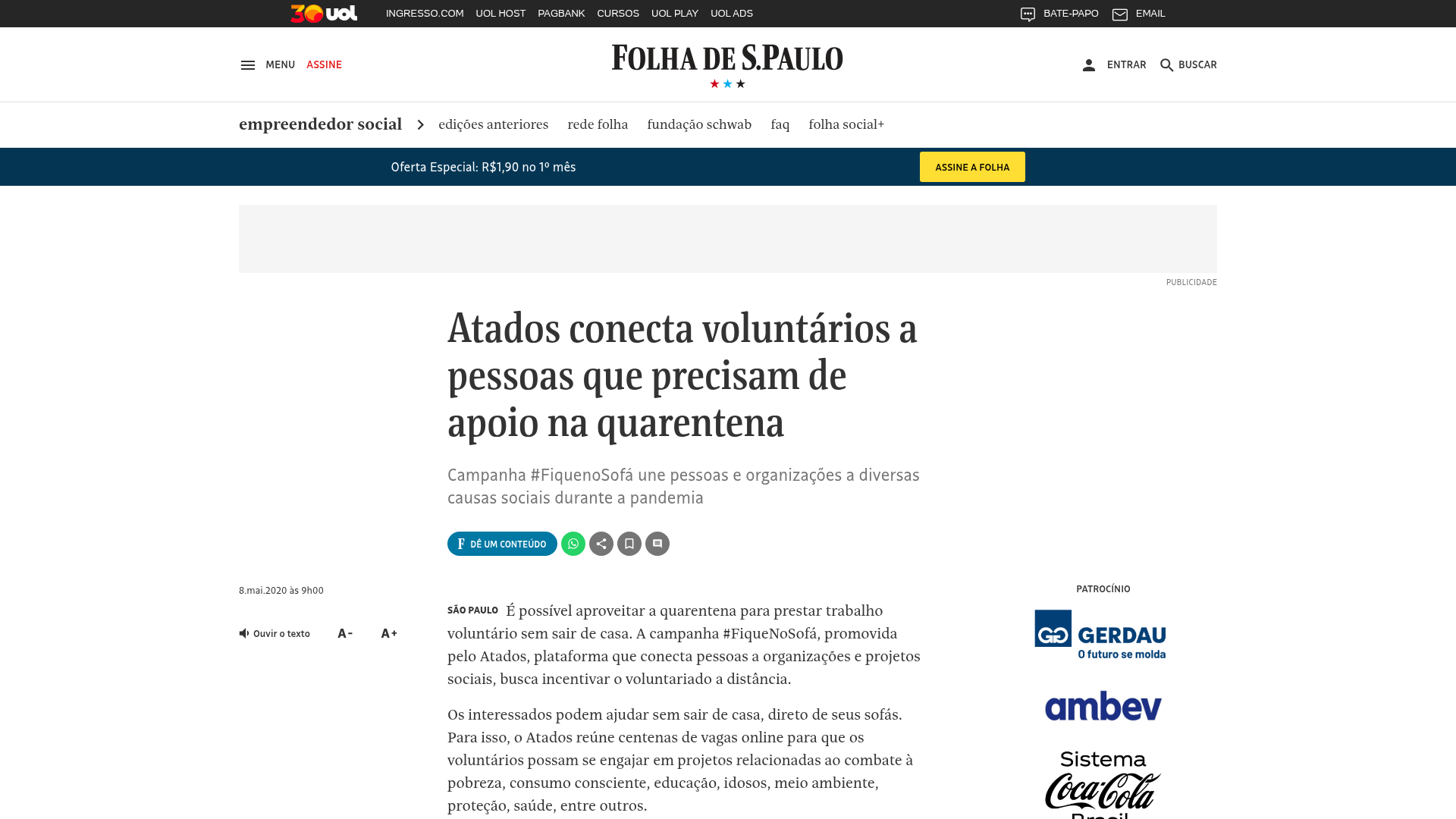 Atados conecta voluntários a pessoas que precisam de apoio na quarentena