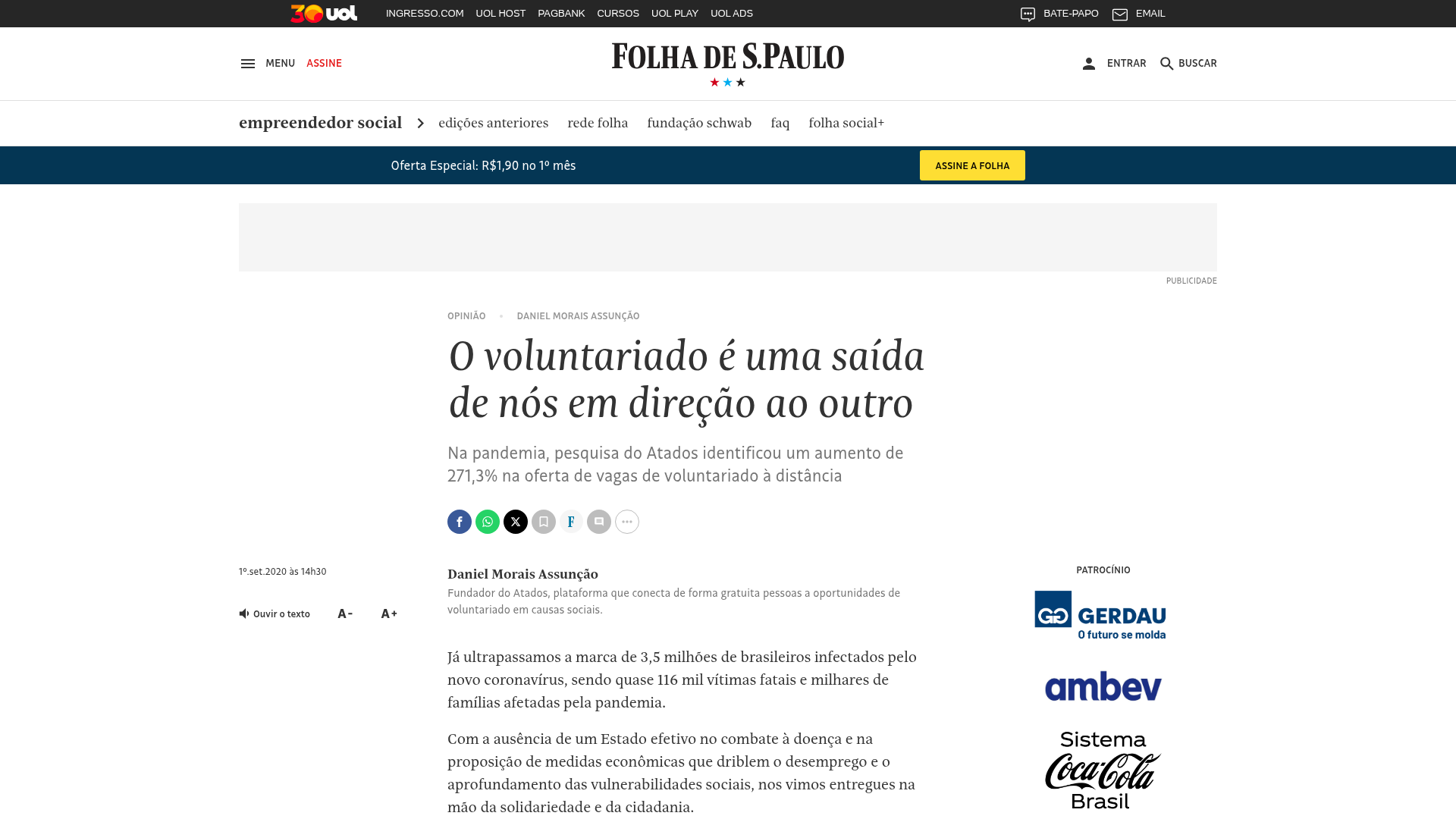 O voluntariado é uma saída de nós em direção ao outro