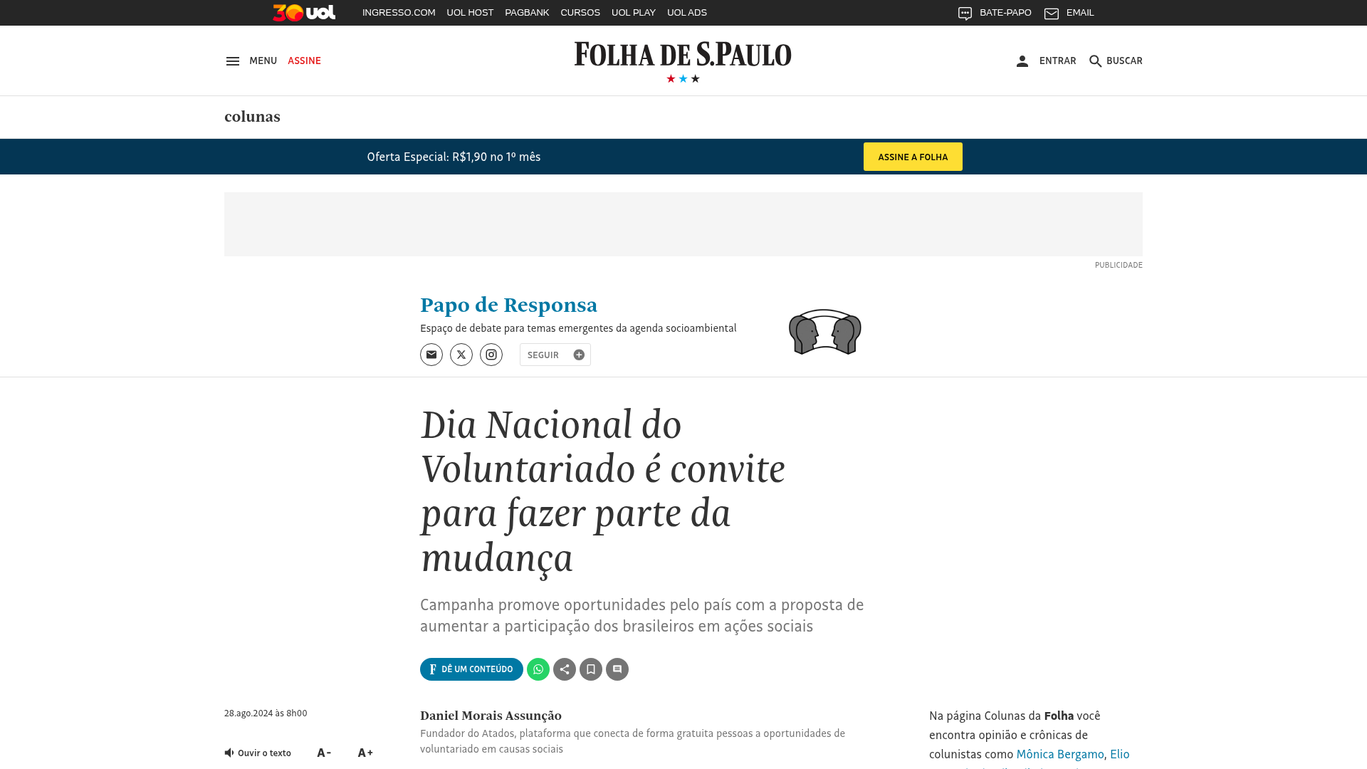 Dia Nacional do Voluntariado é convite para fazer parte da mudança