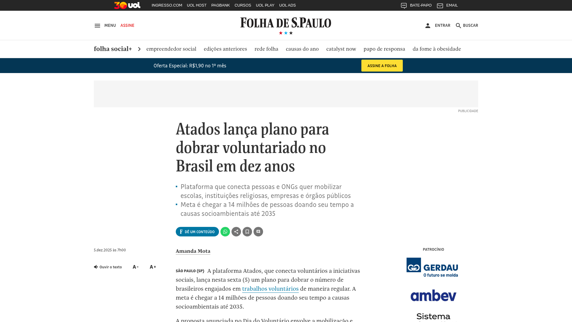 Atados lança plano para dobrar voluntariado no Brasil em dez anos